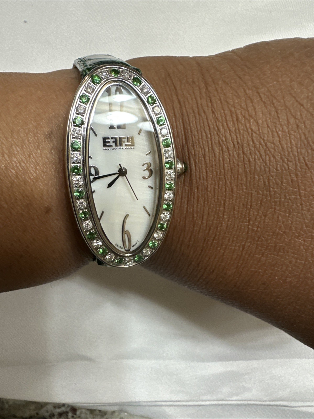 Effy Diamond & Tsavorite 1.78 Ct Swiss Quartz Ladies Watch Green Crocodile Strap