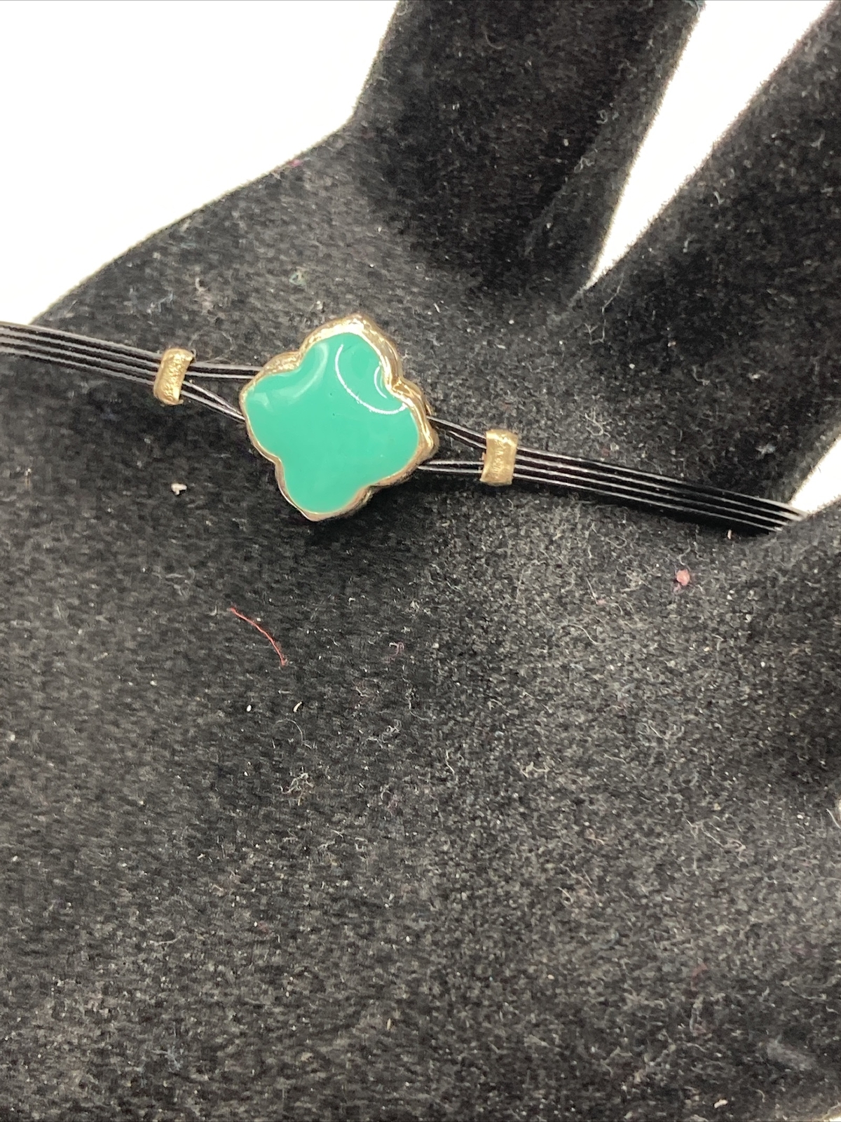 Green Enamel Clover Black Coated Wire Gold TOne Clear Crystal Bangle Bracelet