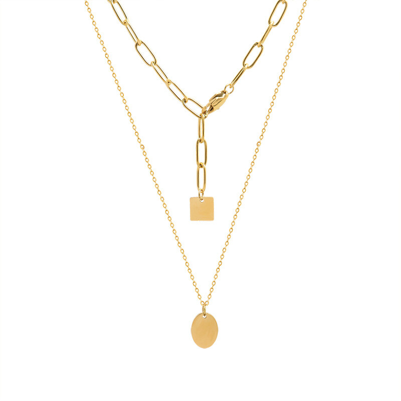Woman 18K Gold Plated Stainless Steel Link Chain Square Oval Charm Two Layers