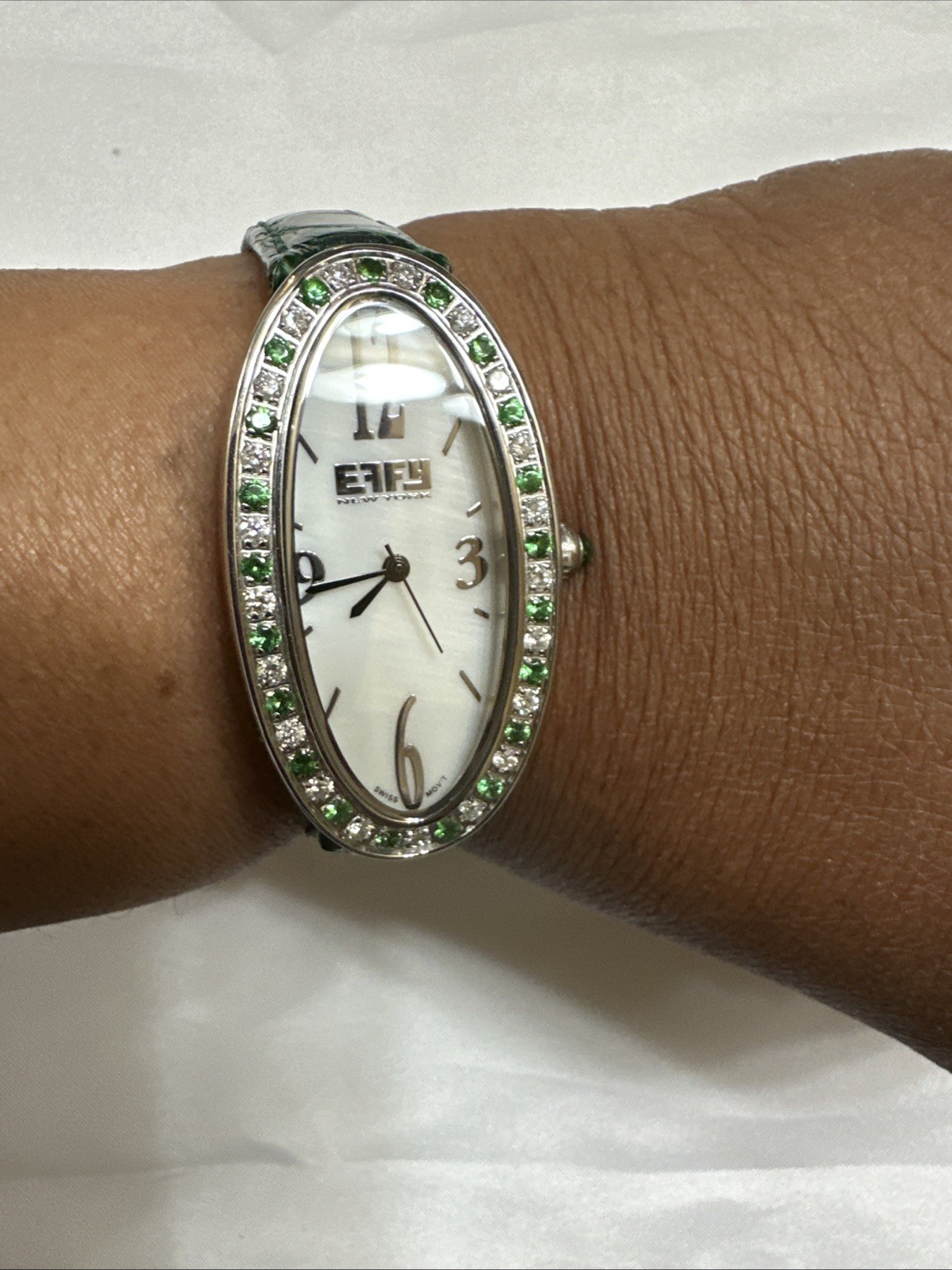 Effy Diamond & Tsavorite 1.78 Ct Swiss Quartz Ladies Watch Green Crocodile Strap