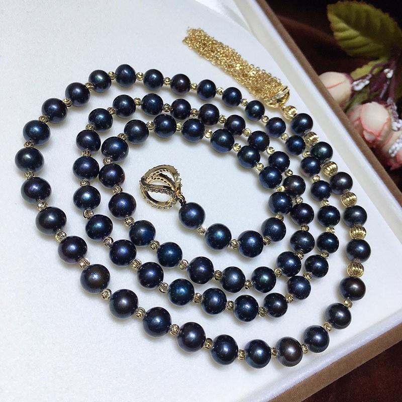 Black long 10-11mm cultured freshwater Pearl Necklace Waist chain