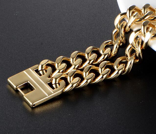 18mm 9” (23cm) Gold Stainless Steel Smooth Two Rows Curb Link-chain Bracelet