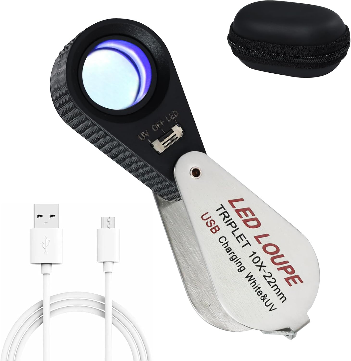 10X Jewelers Loupe with UV & LED Lights, Rechargeable 10X Loupe Magnifier 22Mm O