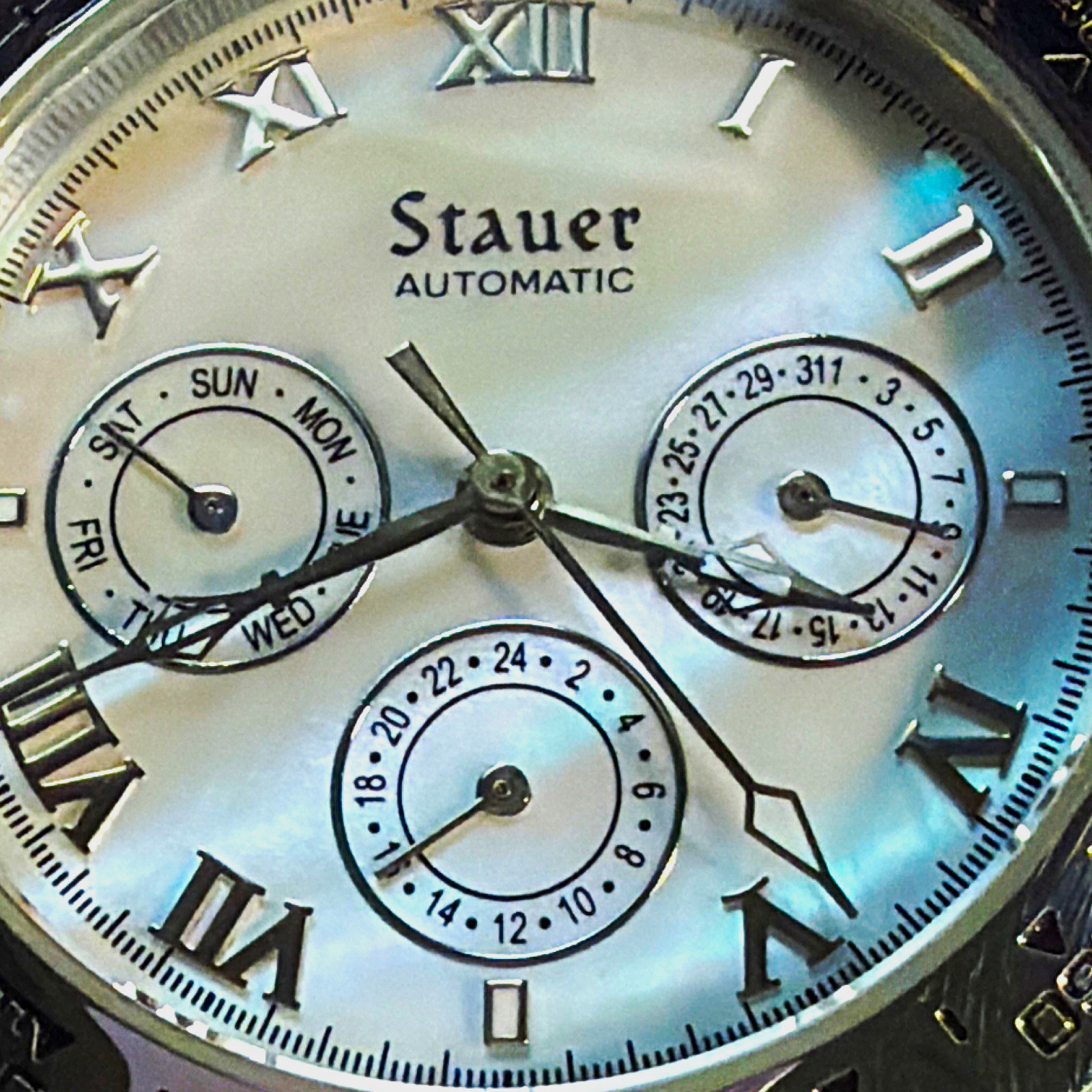 Stauer Automatic Silver/White Dial Roman/Stick Bracelet Tachymeter Day Date