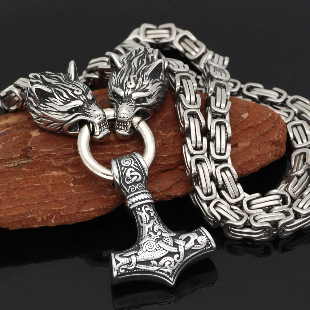 Men Viking Stainless Steel Wolf Thor Hammer Pendant Necklace Norse Mjolnir Odin