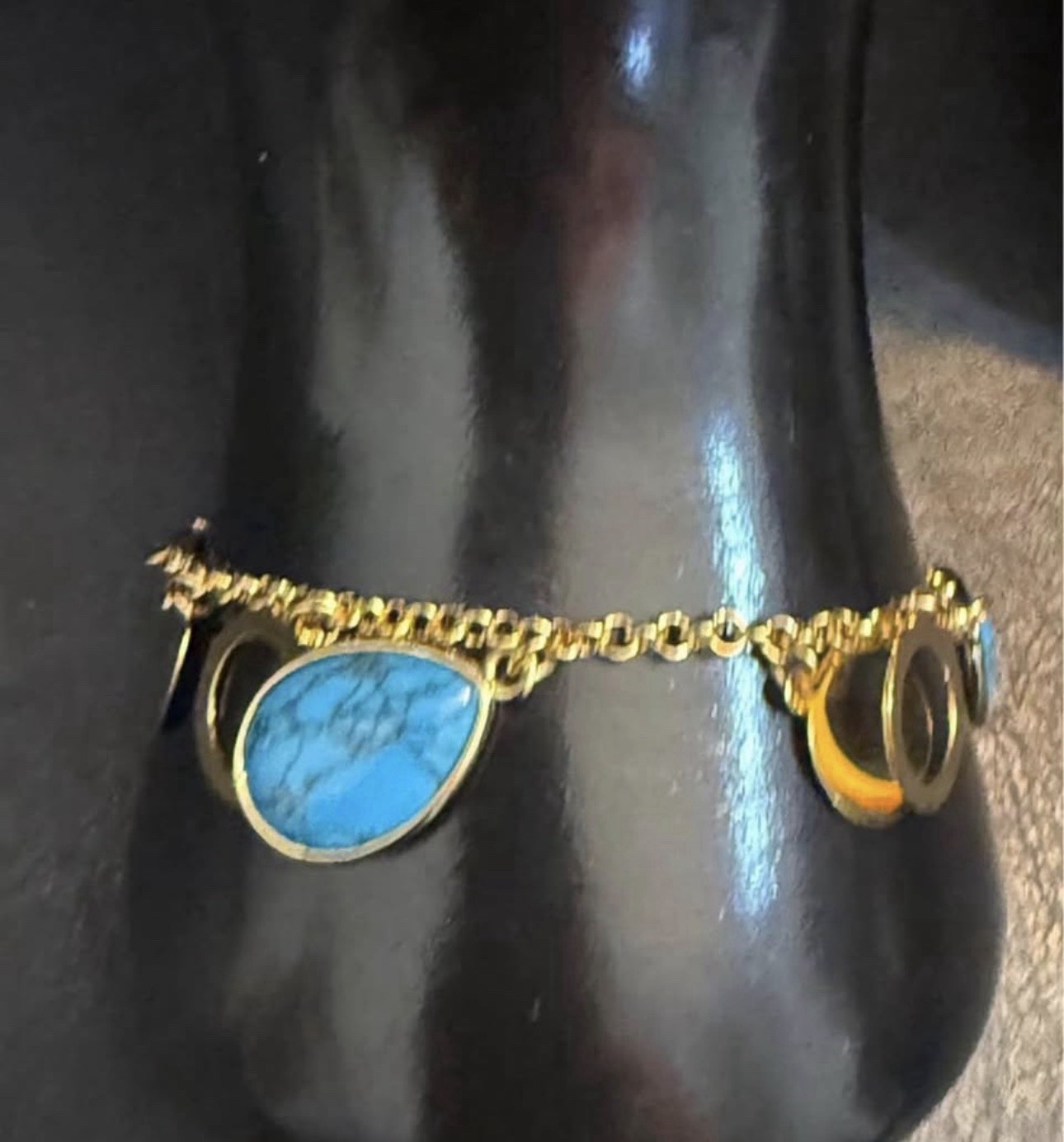 None tarnish Blue Turquoise Teardrop Necklace Bracelet & Dangle Earrings Set