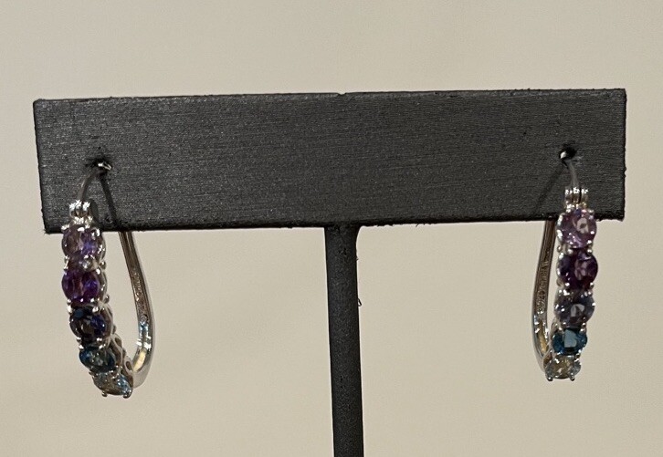 Gemstone Shades Of Amethyst, Sky Blue Topaz, Blue Topaz Line Earrings 925