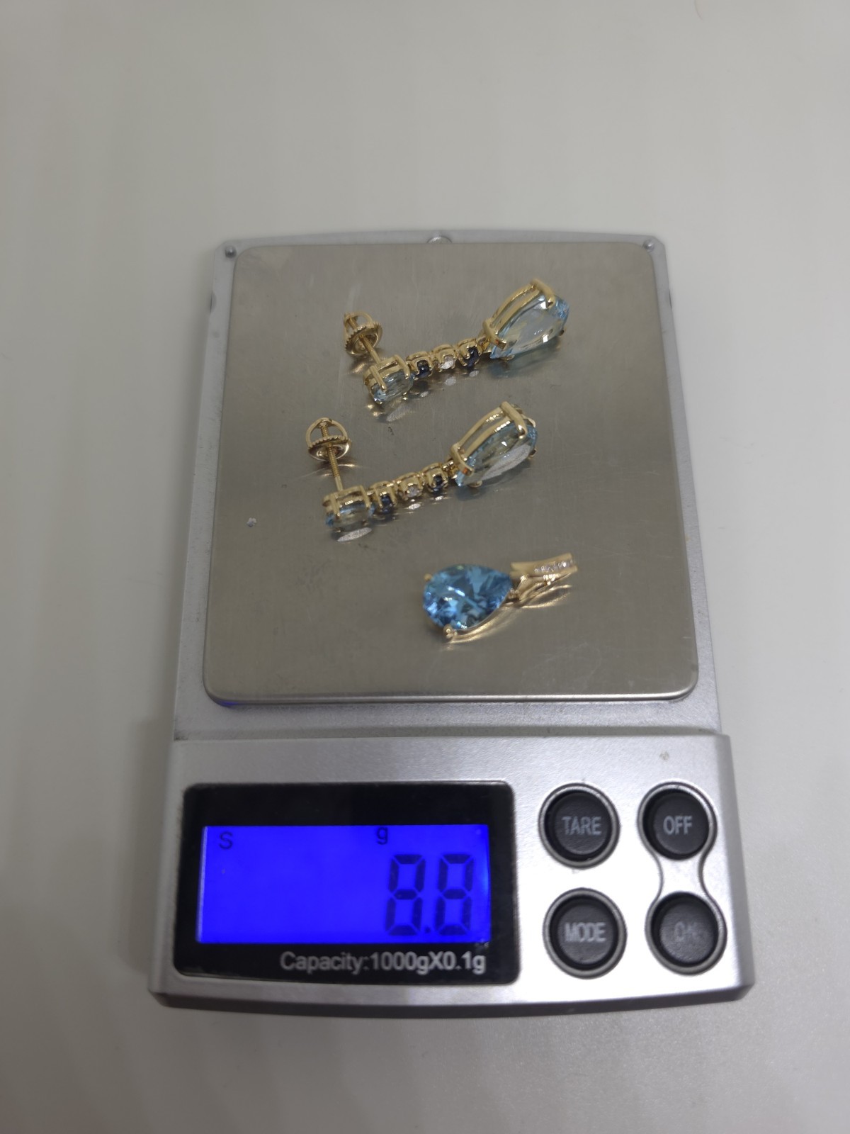 14k Yellow Gold Topaz Sapphire And Diamond Pendant And Earrings Set 8.8 Grams