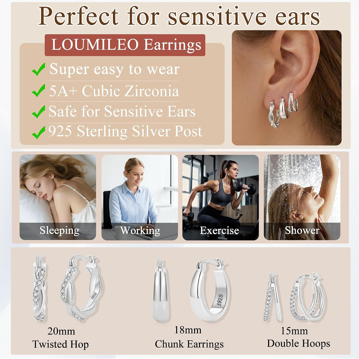 3 Pairs 925 Sterling Silver Post Hoop Earrings for Women Hypoallergenic Small Sl