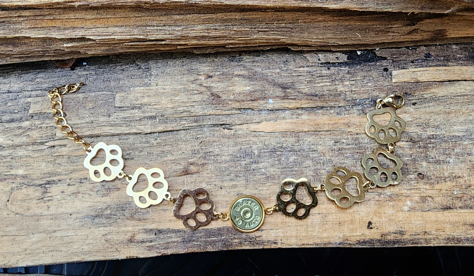 Bullet Anklet, Gold Stainless Steel Puppy Paws and 45 Auto. Optional Crystal.
