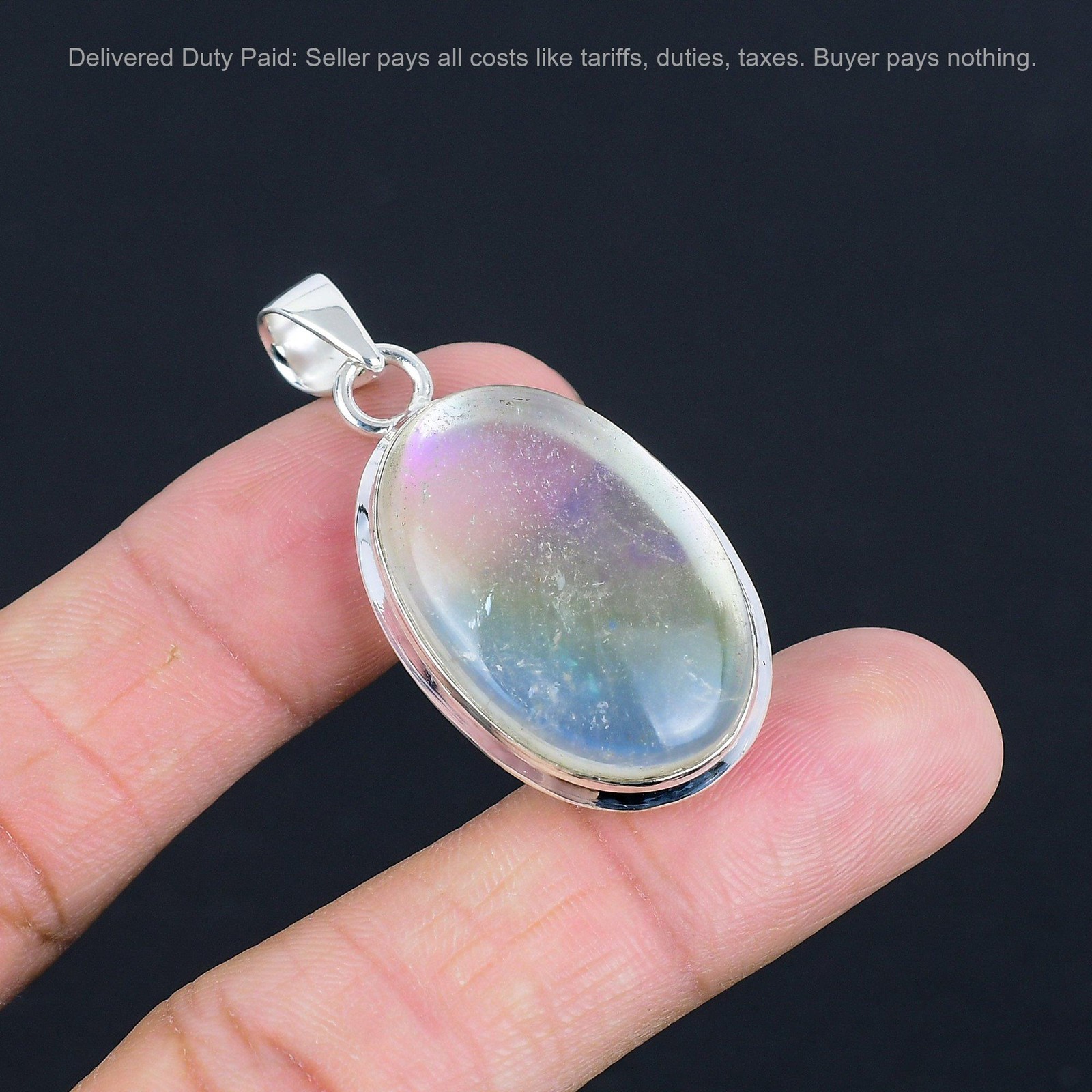 925 Silver Oval Natural Rainbow Mystic Opal Engagement Wedding Pendant Jewelry