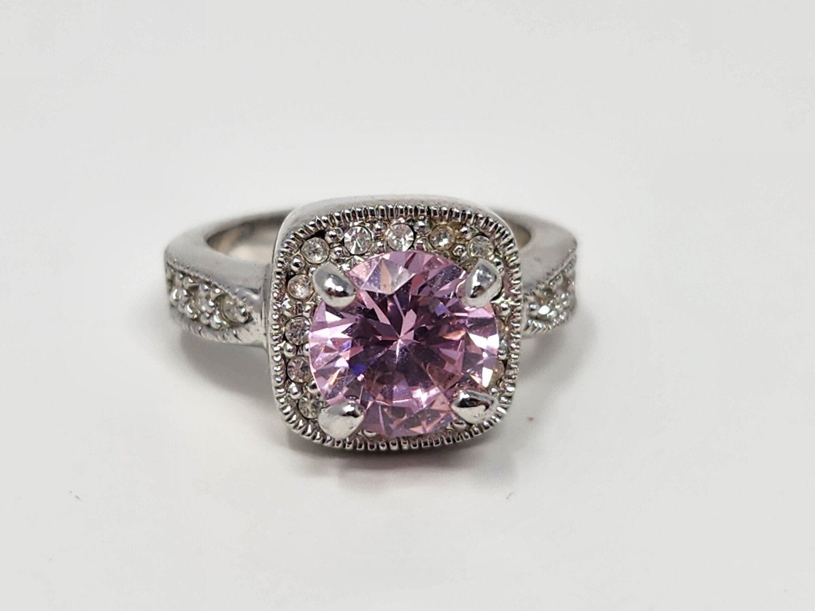 Pink Premier Designs Pink Ice Ring Size 6.75 Silver Tone Signed PDJ Rhinestones