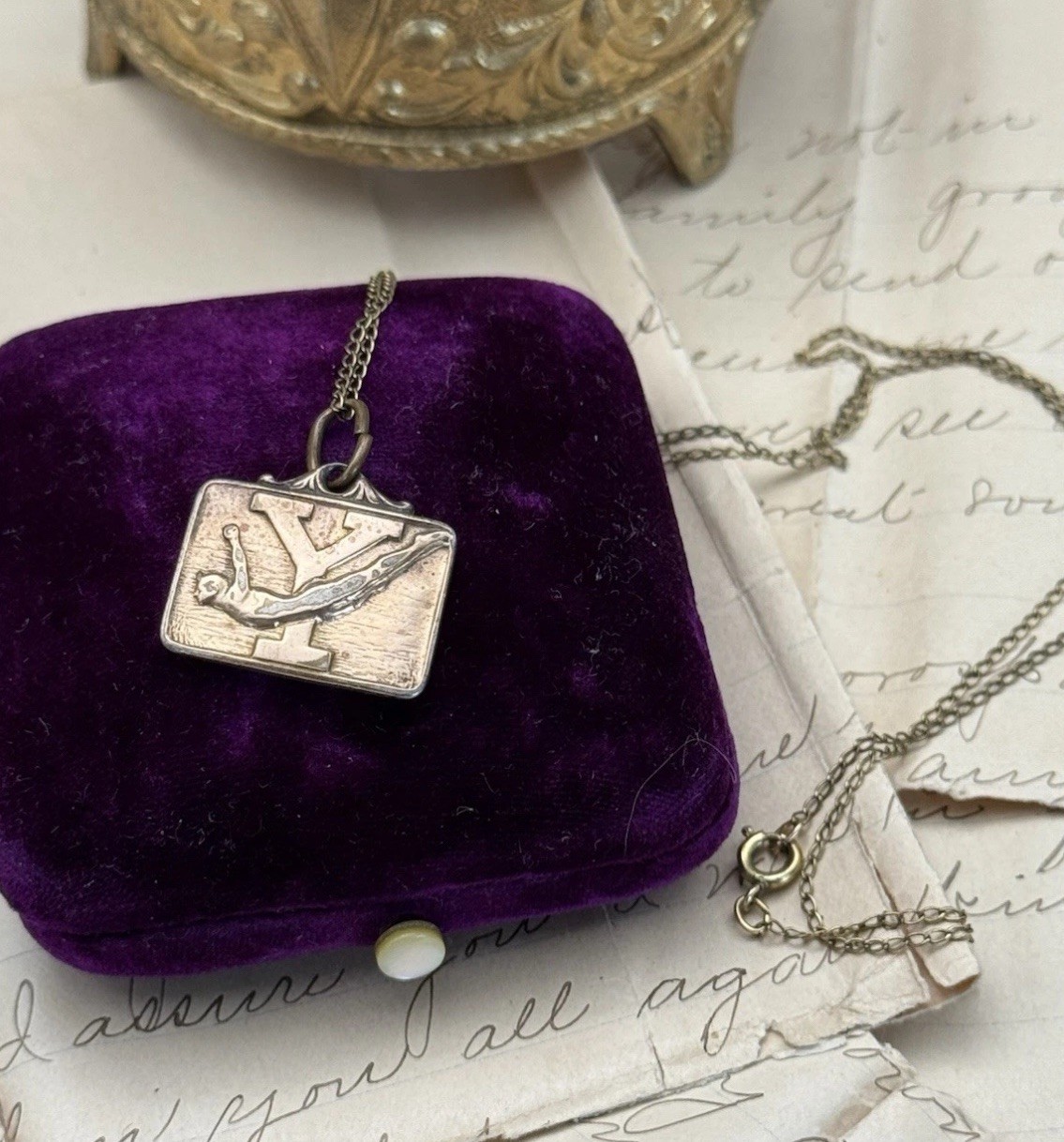 Vintage Charm Pendant Necklace Diver “Y” The Kinney Co. Gold-Filled 1944 Sports