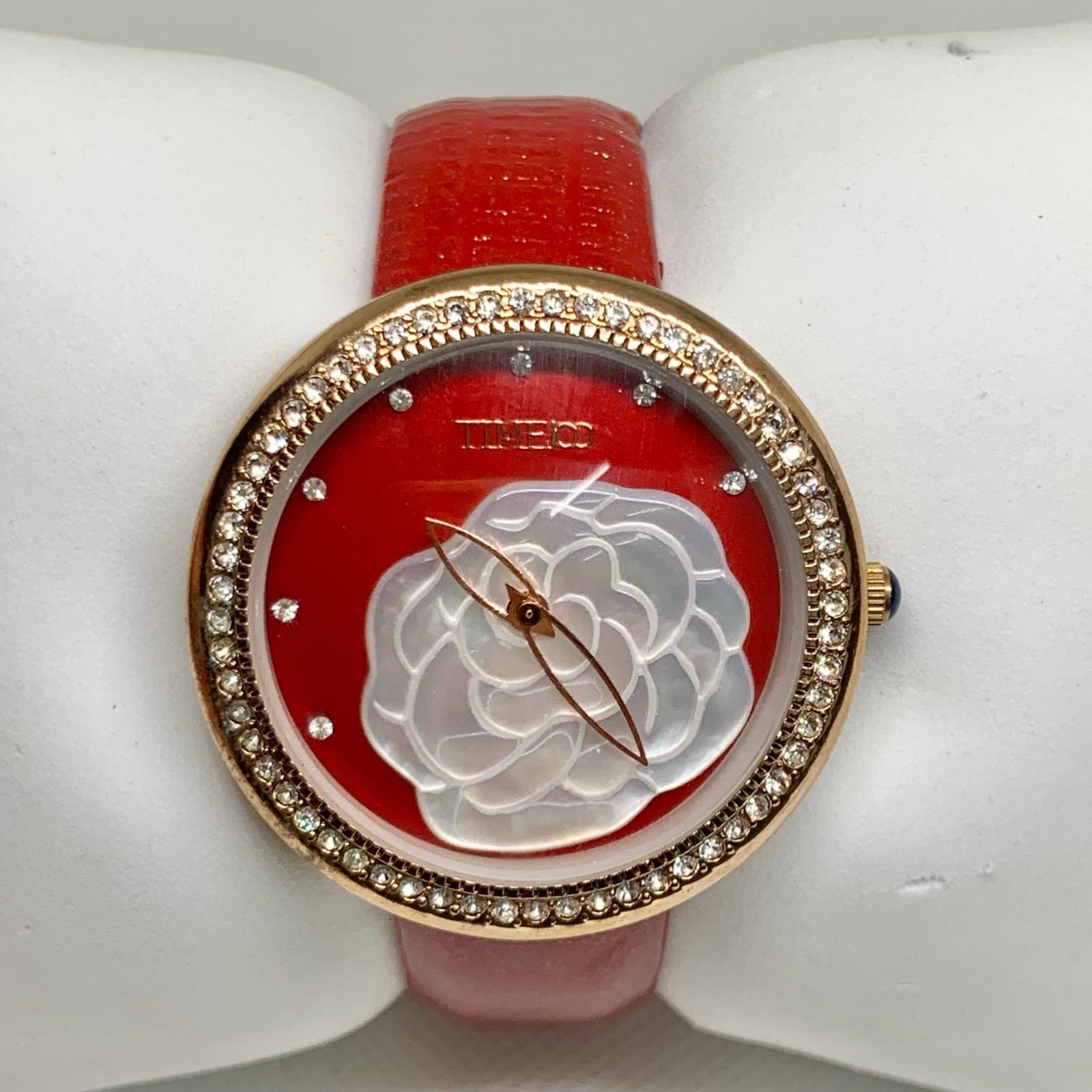 Timeco women’s watch floral dial rose gold tone 40mm red leather band running