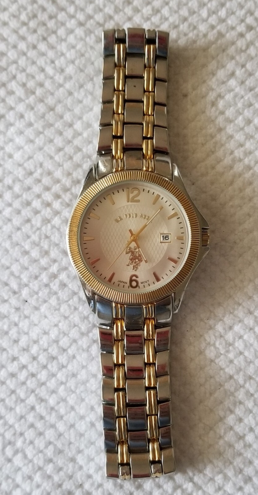 U.S. Polo Assn. Two Tone Date Watch USC80001 Silver Dial Link Band 7.5″ New Batt
