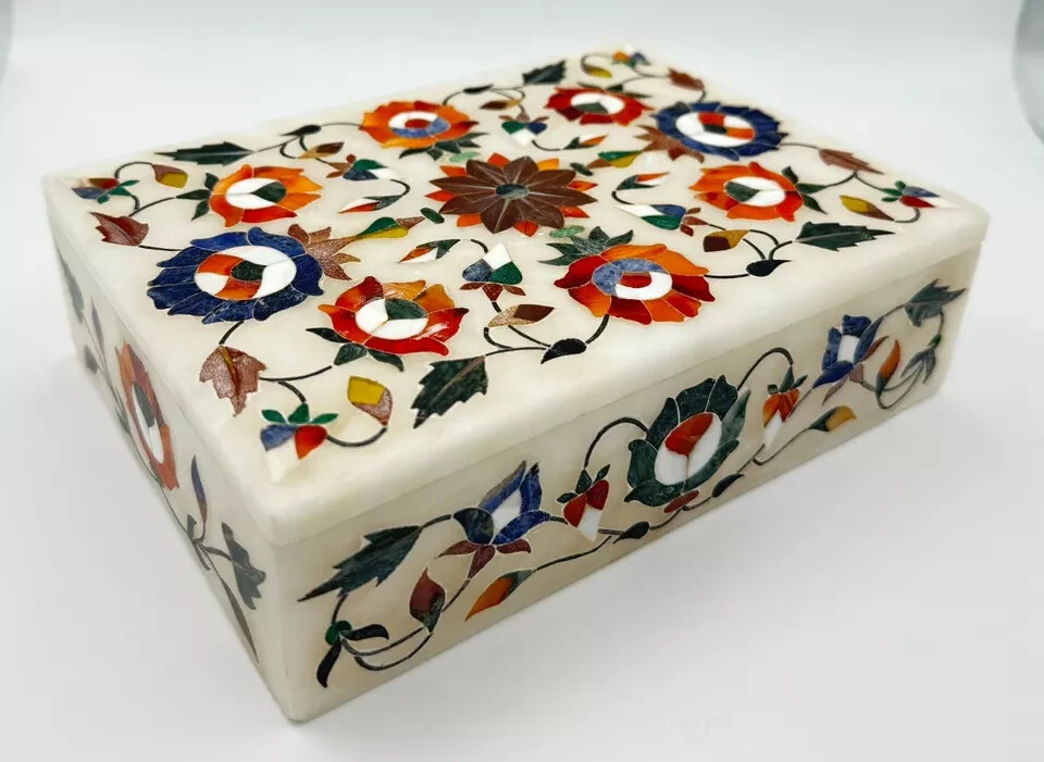 Indian Hand Crafted Marble Stone Inlay Pietra Dura Table Box & Coasters Plates