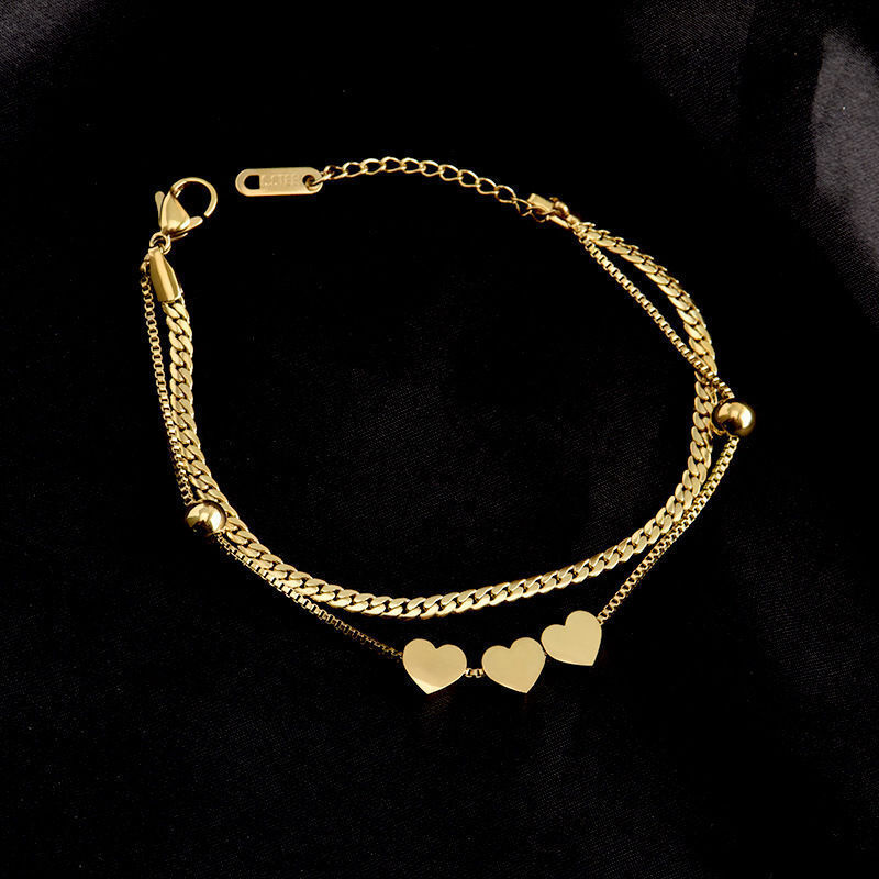 Woman 18K Gold Plated 2 Layers Curb Chain Heart Charm Beaded Bracelet Bangle