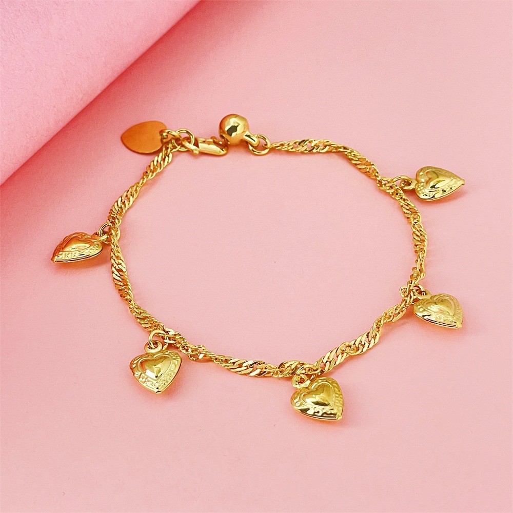 Hot selling jewelry plated with 24k gold water wave hanging five heart bracelet