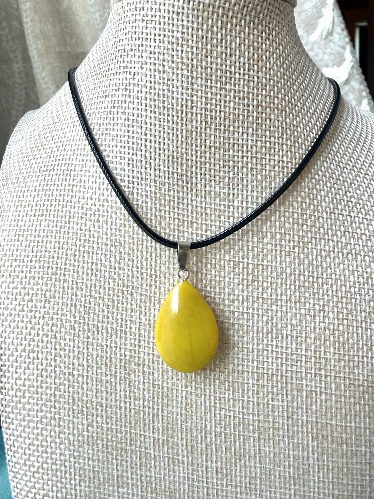 Mustard Yellow Jasper Pendant Necklace 19in Black Cord Dark Academia Mid-Century