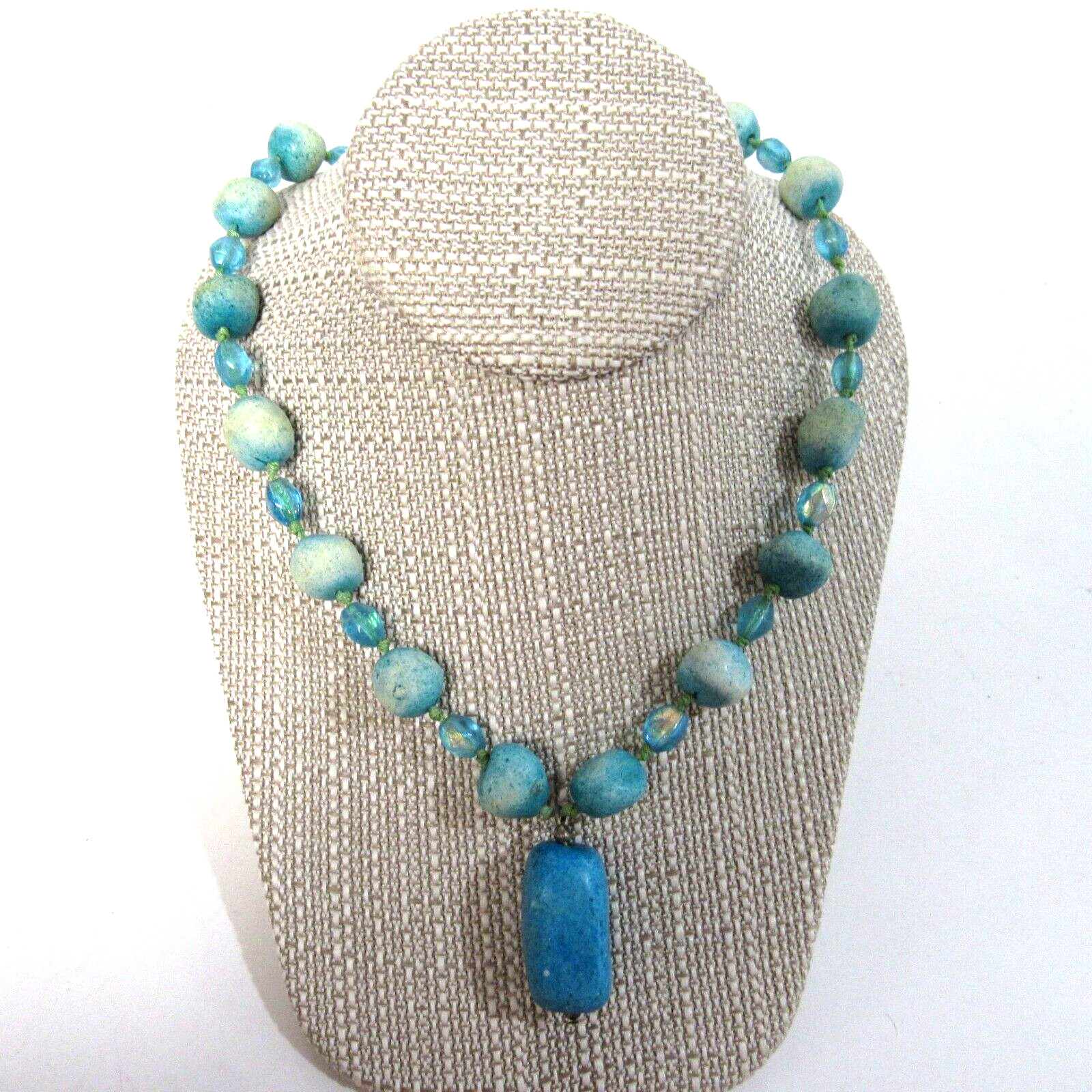 Turquoise Stone & Glass Bead Necklace w large Pendant Variable Length 18″- 21″