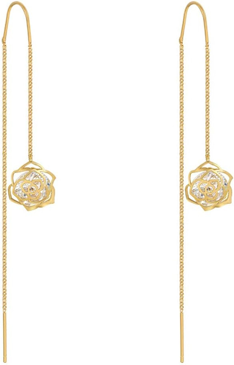 Aretes Largos de Cadena Flor Rosa Oro 14K para Mujer o Dama de Honor