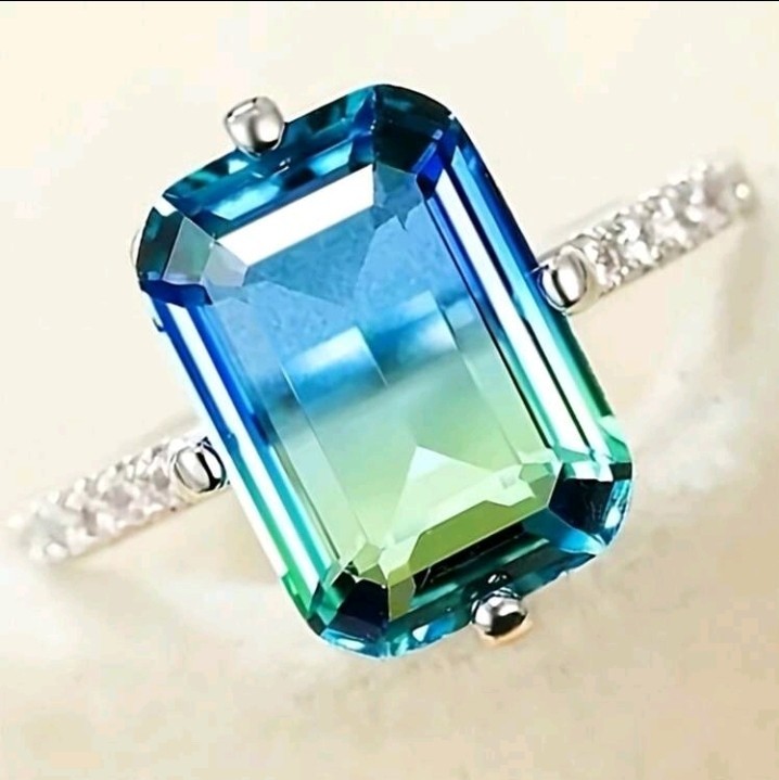 Silver-Plated Zinc Ring Size 7 Square-Shaped Blue & Green CZ