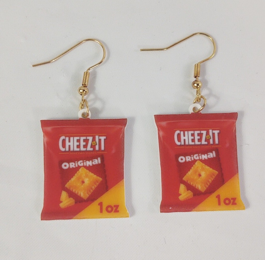 Hook Drop Dangle Pierced Earrings Cheez It Original Crackers Costume Jewelry