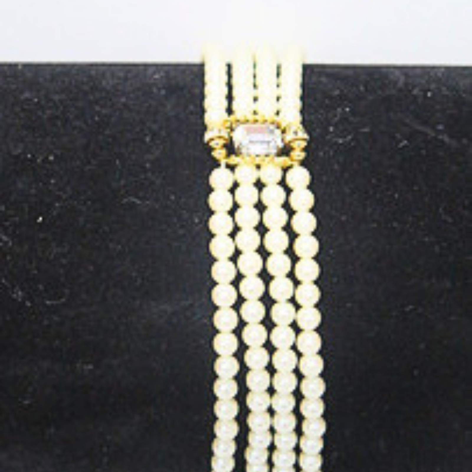 Vintage 4 Strand Faux Pearl Bracelet Gold Tone Crystal Accent Estate 7.5″