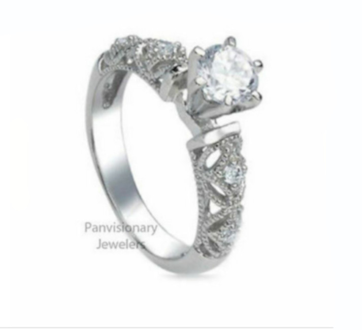6.5mm CZ Ring Sterling Silver Engagement Lace Band Solitaire w Accents sz 7 only