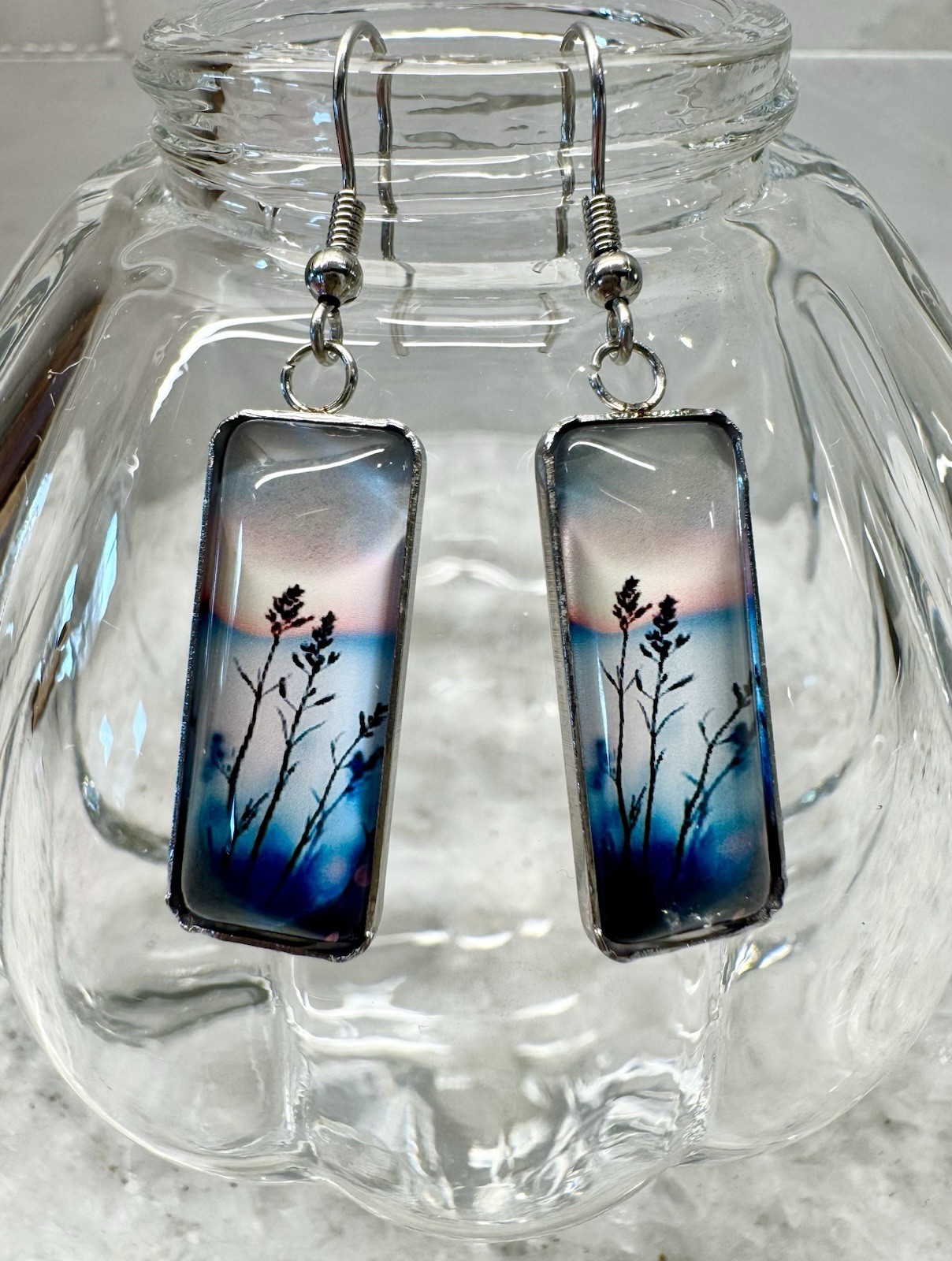 New Beach Seaside Blue Hour Sunset Rectangular Cabochon Dangle Earrings – 1.75”