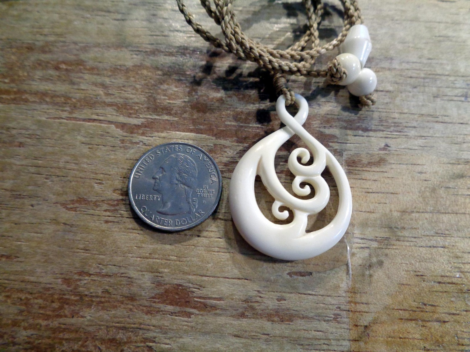 31MM HAND-CARVED WATER BUFFALO BONE MAORI WHAKAHOUNGA 3D TWIST KORU NECKLACE #2