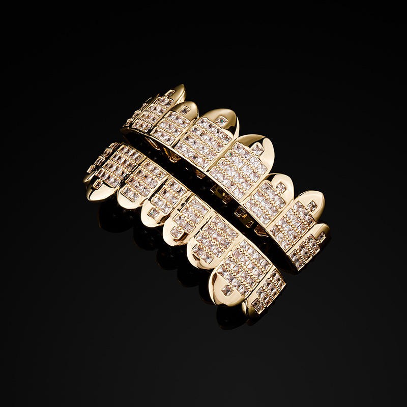 14K GP HipHop Teeth Dental Caps Grillz PrincessCut Grills Set W/ Wax Real CZ
