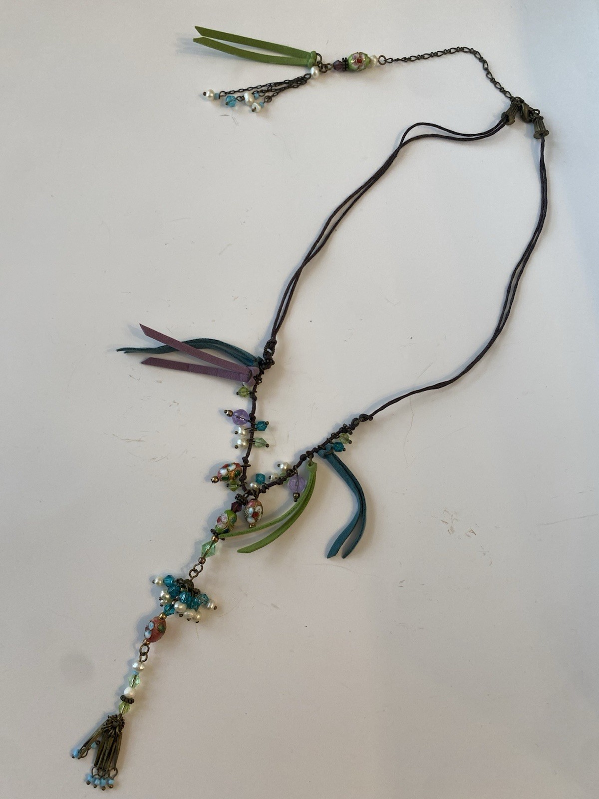 Handcrafted Multicolor Glass Beaded Tassel Pendant Necklace, Leather Cord, Brass