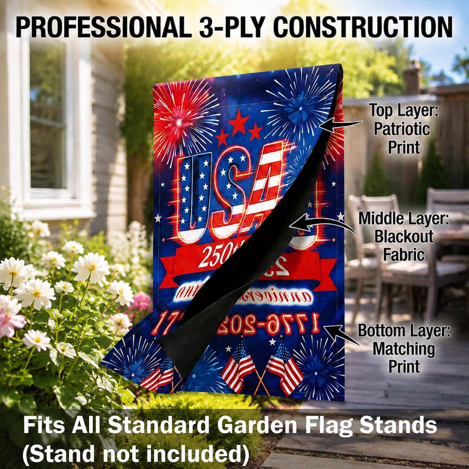 250 Anniversary USA Garden Flag – 250 Years of Freedom Double Sided 3-Ply Americ