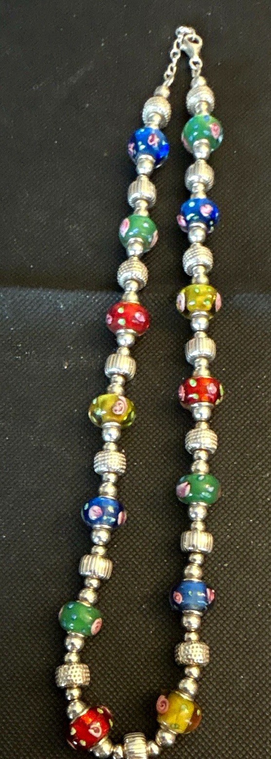 Millefiori style glass bead necklace multicolor flower beads with sterling clasp