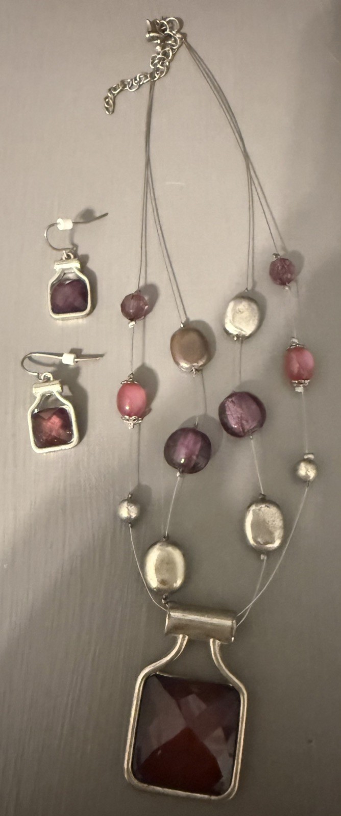 Burgundy Pendant Multi-Strand Necklace with Earrings – Silver Tone Jewelry Set
