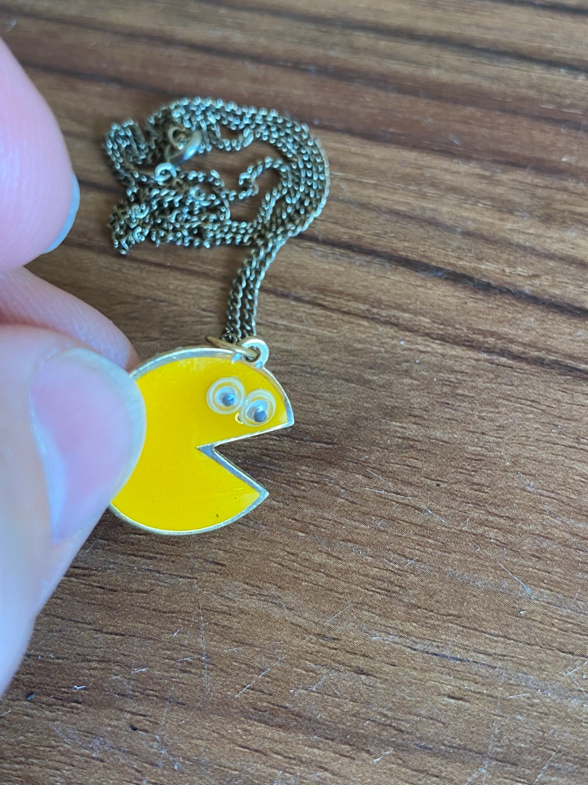 Vintage Pac-Man Googly Eyed Necklaces Rare Yellow Enamel Charm & Chain
