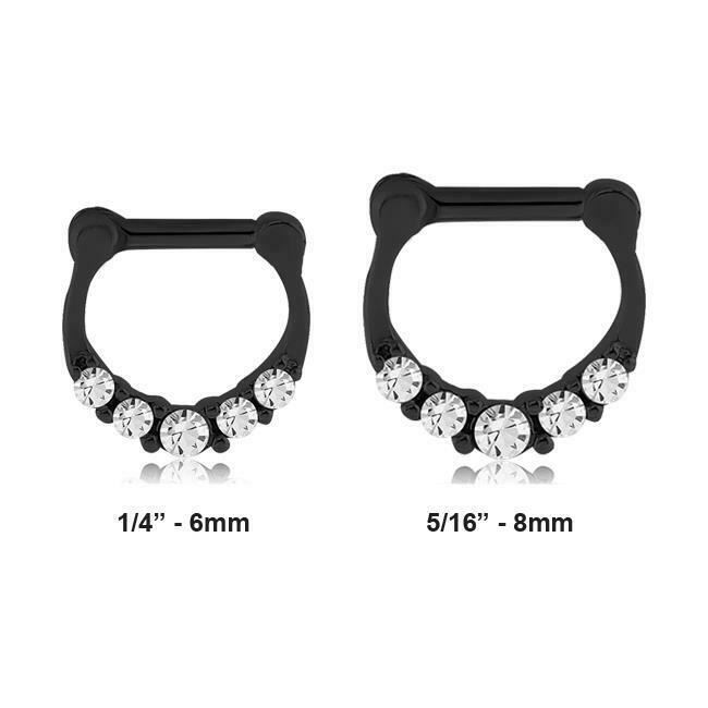 Black 316L Surgical Steel Septum Clicker Nose Ring Hoop CZ 1/4″ 5/16″ 14G 16G