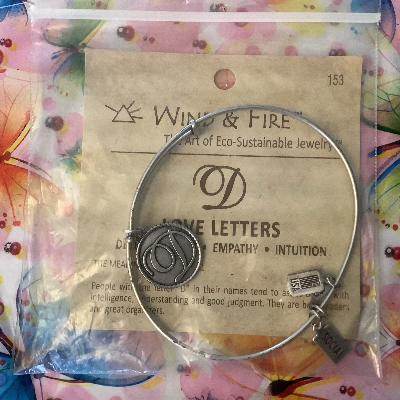 Wind & Fire Love Letters LETTER D Bracelet Silver Tone in Gift Bag