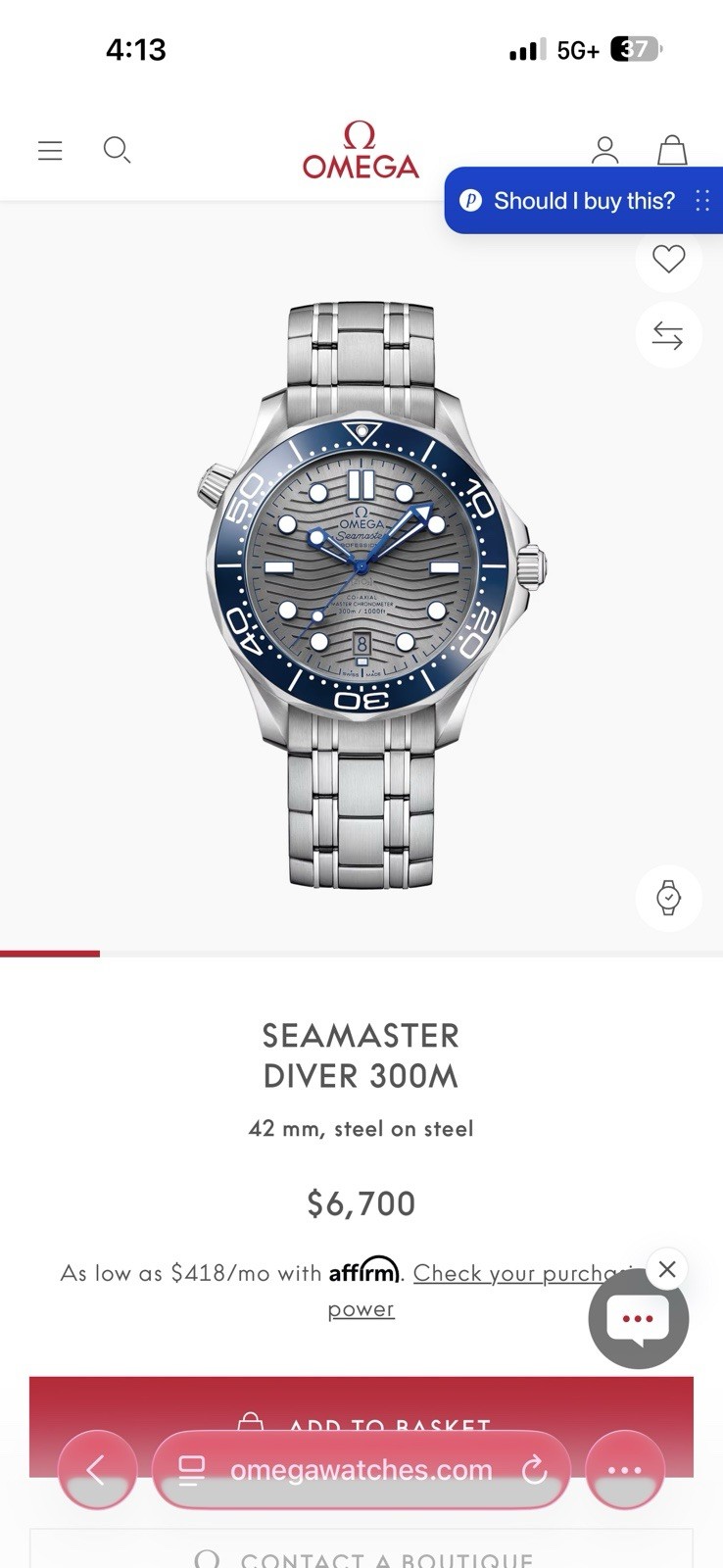Omega Seamaster Diver 300M Gray Dial Blue Bezel 42mm Rubber & Steel Bracelet