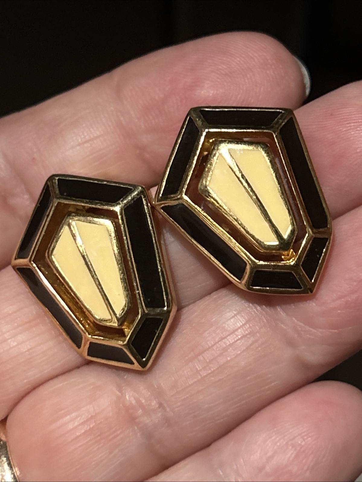 Vintage Signed Christian Dior Black Cream Enamel Open Work Clip Earrings Patent