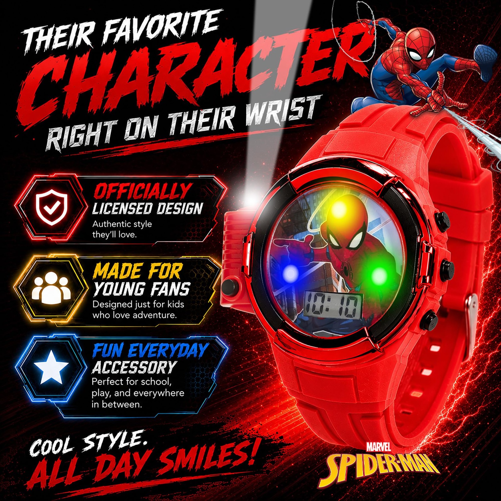 Marvel Spider-Man Flashlight Watch for Kids – Light-Up Fun with LCD Display, LED