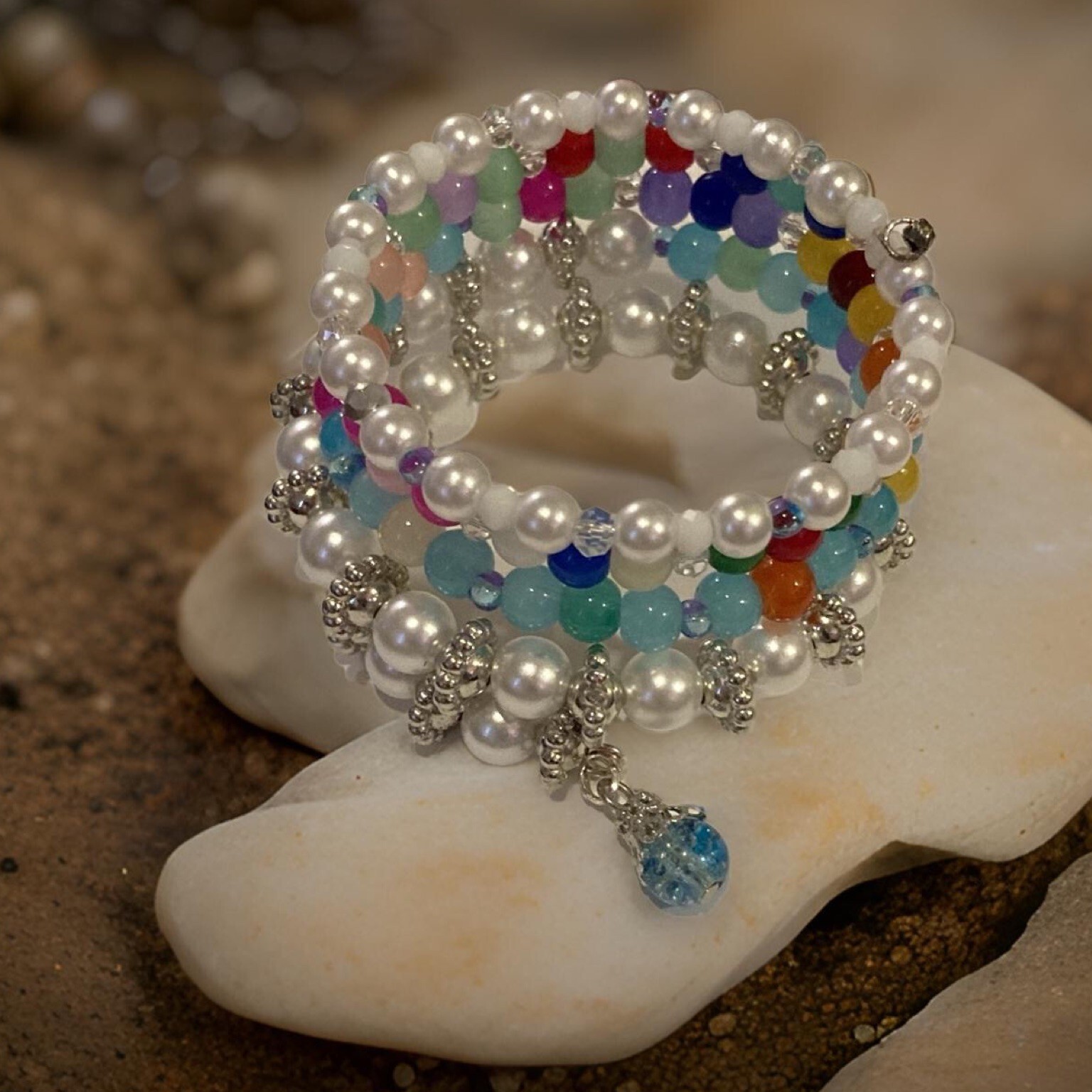 White pearl multicolor 8mm glass beads handmade Wrap Bracelet