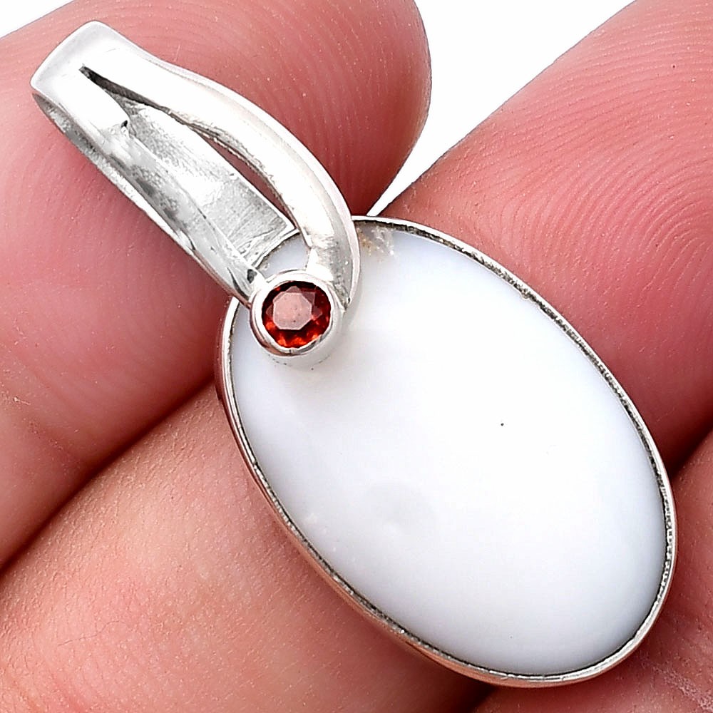 Natural White Opal & Garnet 925 Sterling Silver Pendant Jewelry P-1251