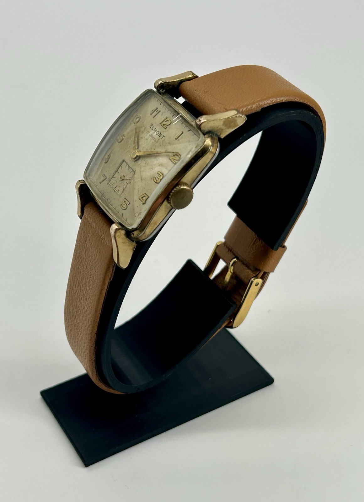 Elmont Swiss Made 17J Manual Wind Square Gold Tone Small Sec Brown Leather
