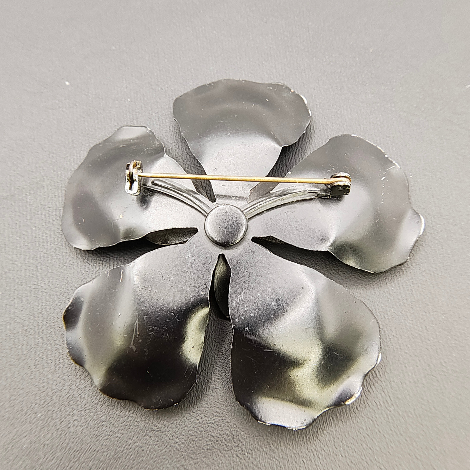 Vintage Hibiscus Flower Brooch Pin Enamel Black Gray Yellow Red 1960s-1970s MCM