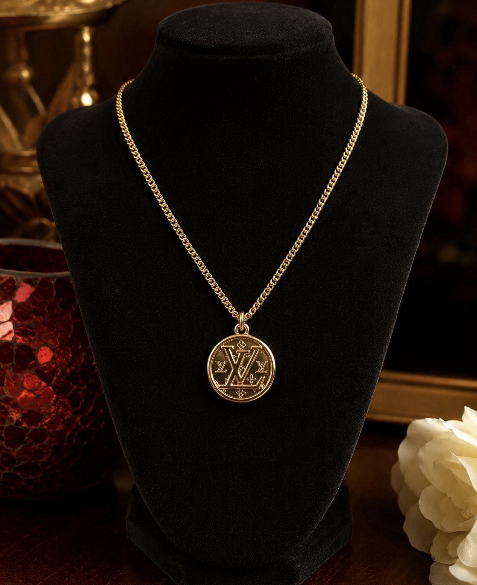 Louis Vuitton LV Gold Tone Round Pendant Charm Medallion Authentic