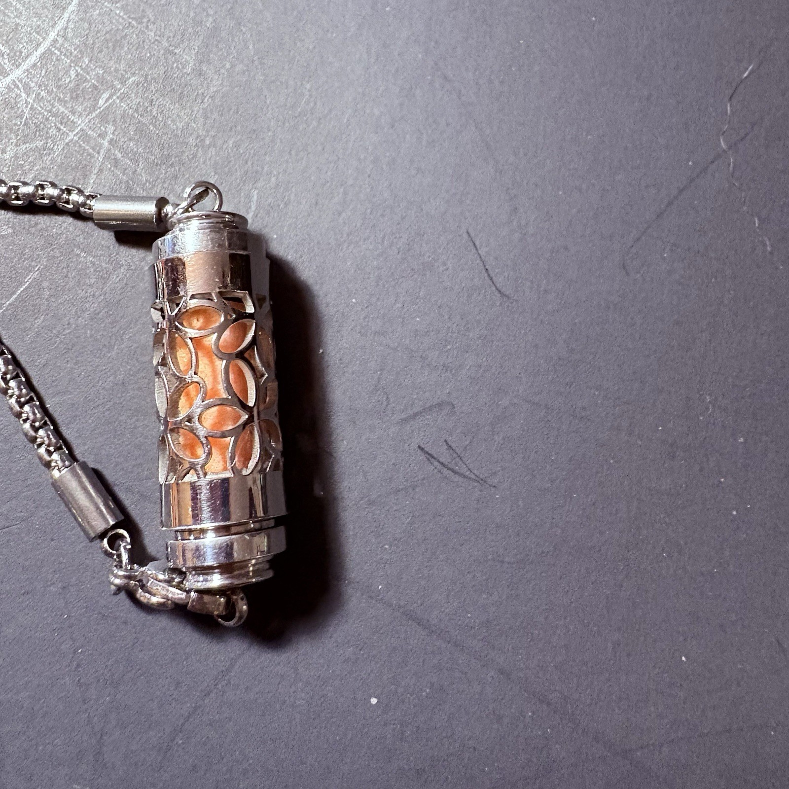 Silver Tone Adjustable Slider Bracelet Cutout Cylinder Orange Stone Accent Boho