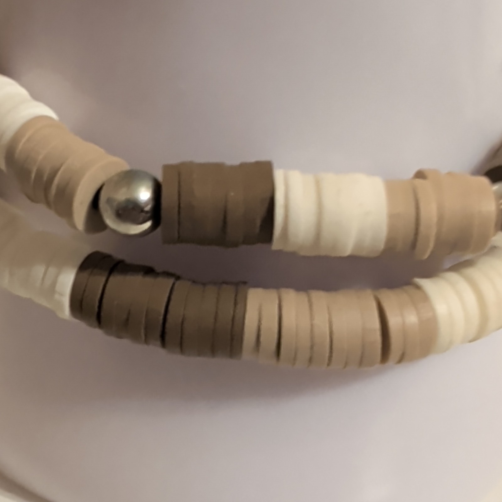 Stackable Beaded Stretch Bracelet Set Beige Brown White w/ Yellow Smiley Charm