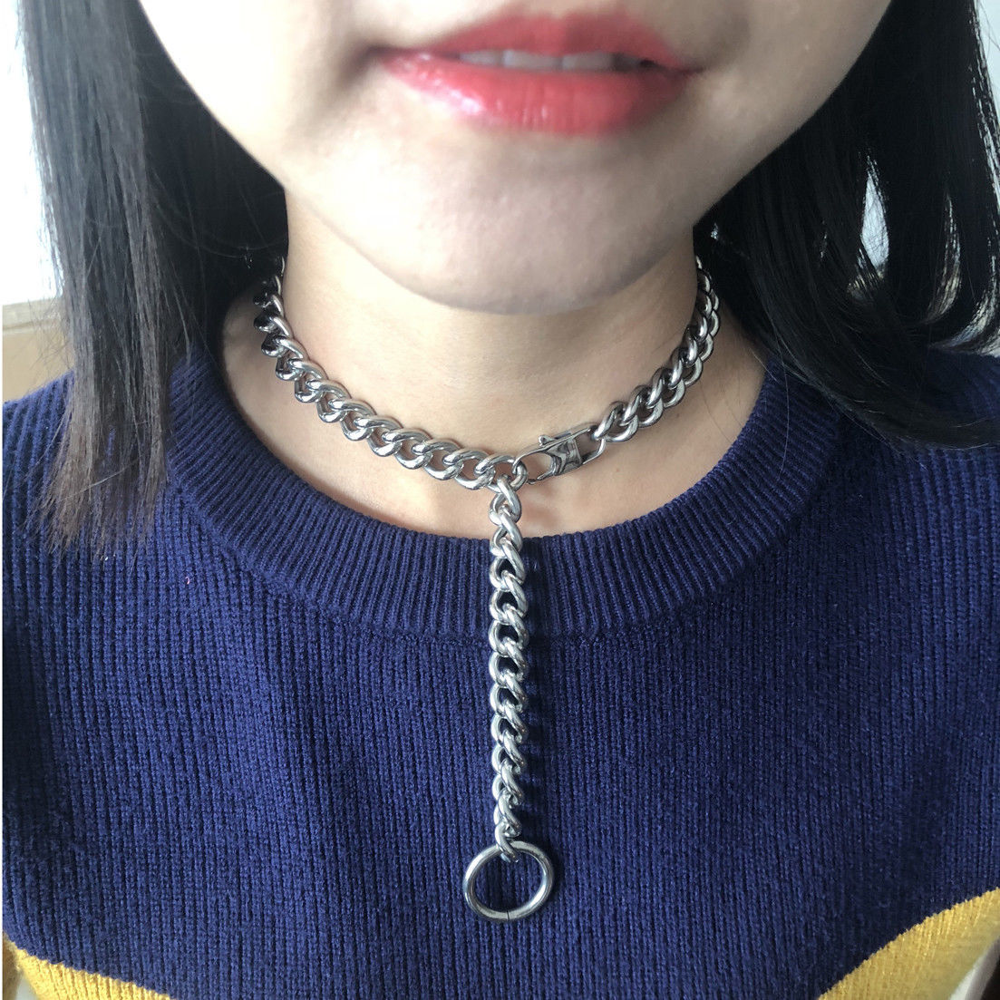 Women’s Sexy Necklace Silver Tone 9MM Curb Cuban Chain Stainless Steel Jewelry